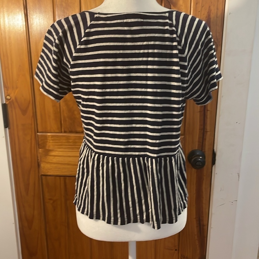 Madewell Striped Short Sleeve top Navy blue white Medium Peplum linen cotton - Picture 3 of 7